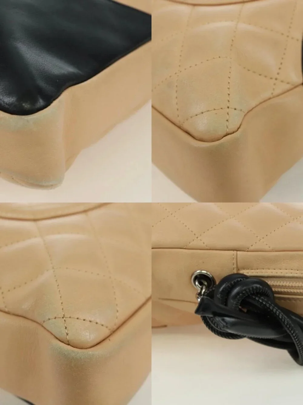 CHANEL Cambon Line Matelasse Shoulder Bag Lamb Skin Beige Black CC Auth am10849V